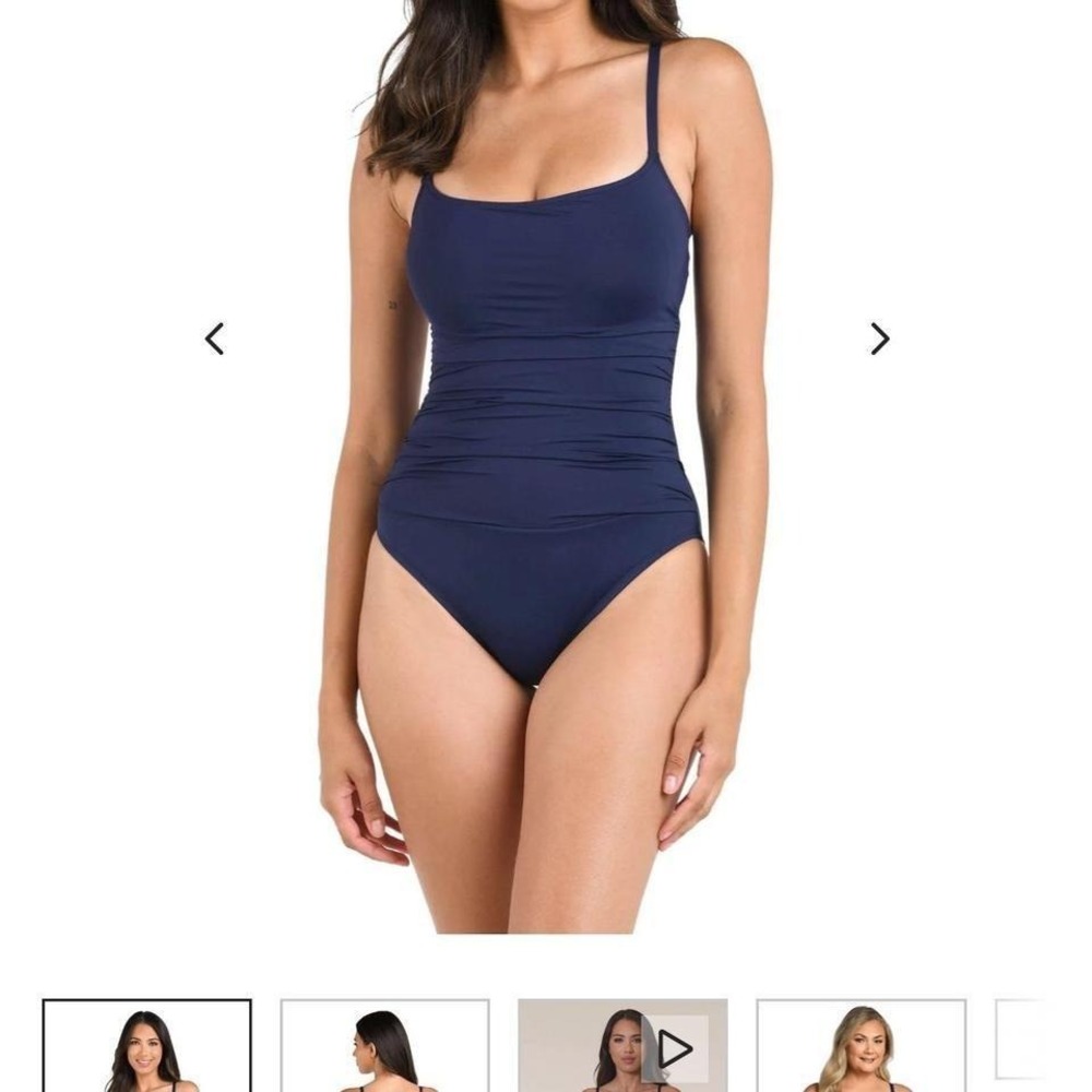 La Blanca Island Goddess Ruched One Piece Swimsuit Indigo Navy Blue Size 6